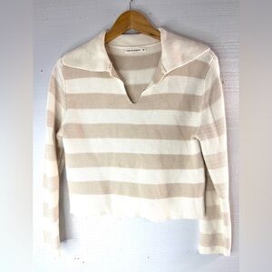 Moon & Madison M Cream Knit Cotton Rugby Striped Long Sleeved Crop Top